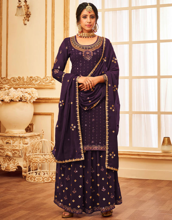 Purple Lehenga style Suit Faux Georgette Salwar Kameez in Heavy Embroidery, Sequins & Lace Work