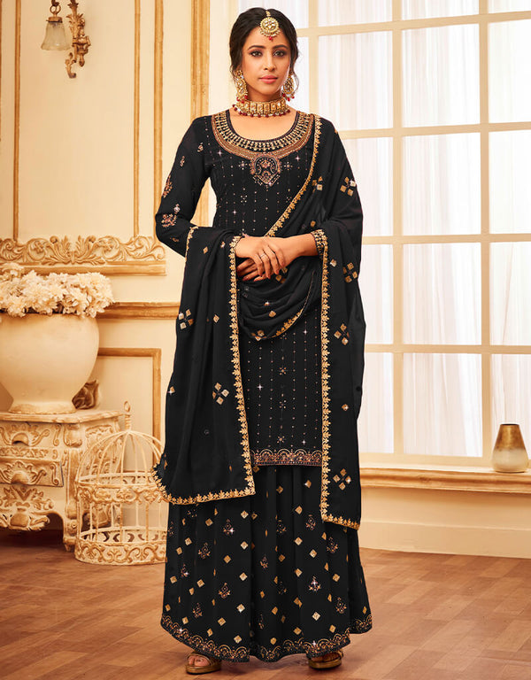 Black Lehenga style Suit Faux Georgette Salwar Kameez in Heavy Embroidery, Sequins & Lace Work