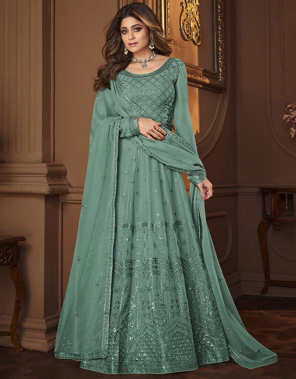 Greenish Grey Anarkali style Anarkali Faux Georgette Salwar Kameez in Heavy Sequins Embroidery & Lace Work