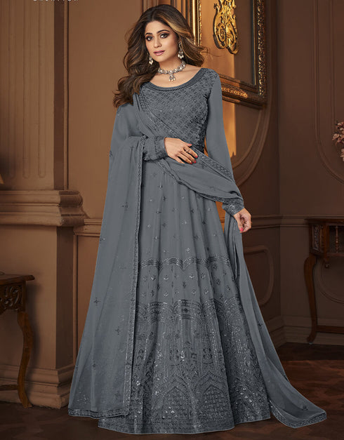 Grey Anarkali style Anarkali Faux Georgette Salwar Kameez in Heavy Sequins Embroidery & Lace Work