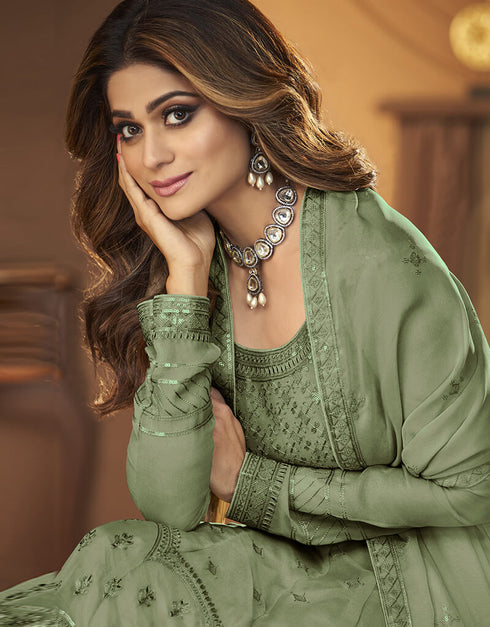 Mahendi Anarkali style Anarkali Faux Georgette Salwar Kameez in Heavy Sequins Embroidery & Lace Work Closure View