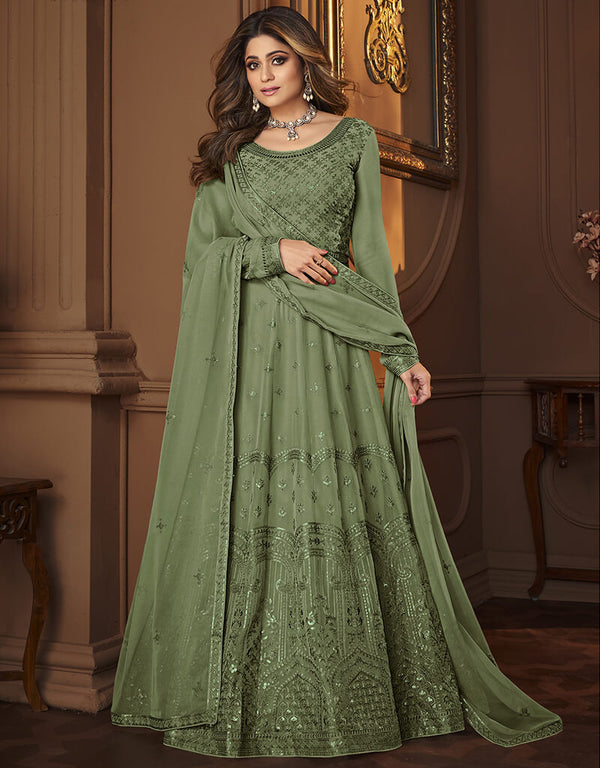 Mahendi Anarkali style Anarkali Faux Georgette Salwar Kameez in Heavy Sequins Embroidery & Lace Work