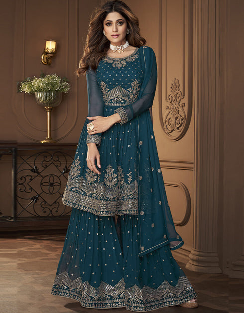 Rama Sharara style Suit Faux Georgette Salwar Kameez in Heavy Sequins Embroidery & Lace Work