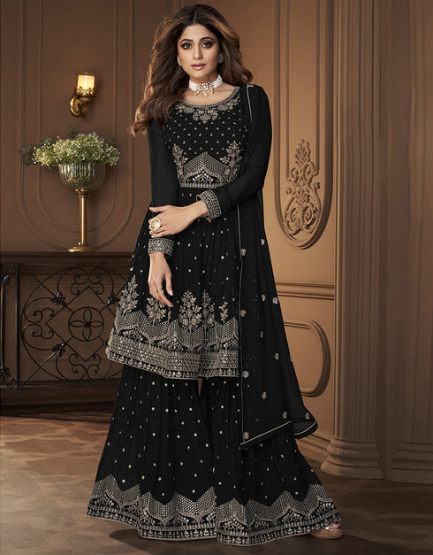 Black Sharara style Suit Faux Georgette Salwar Kameez in Heavy Sequins Embroidery & Lace Work