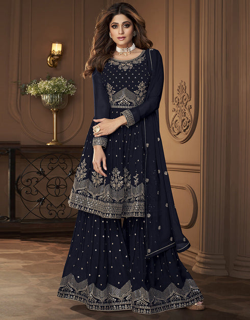 Blue Sharara style Suit Faux Georgette Salwar Kameez in Heavy Sequins Embroidery & Lace Work