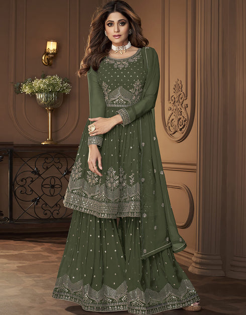Olive Sharara style Suit Faux Georgette Salwar Kameez in Heavy Sequins Embroidery & Lace Work