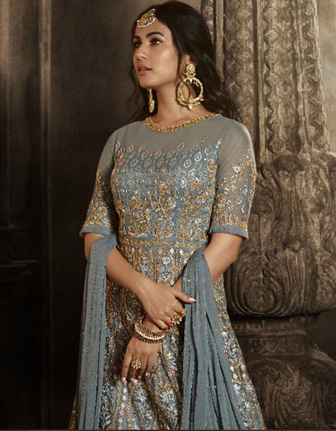 Carbon Grey Net Pant Anarkali Closure View