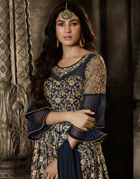 Dark Blue Net Pant Anarkali Closure View