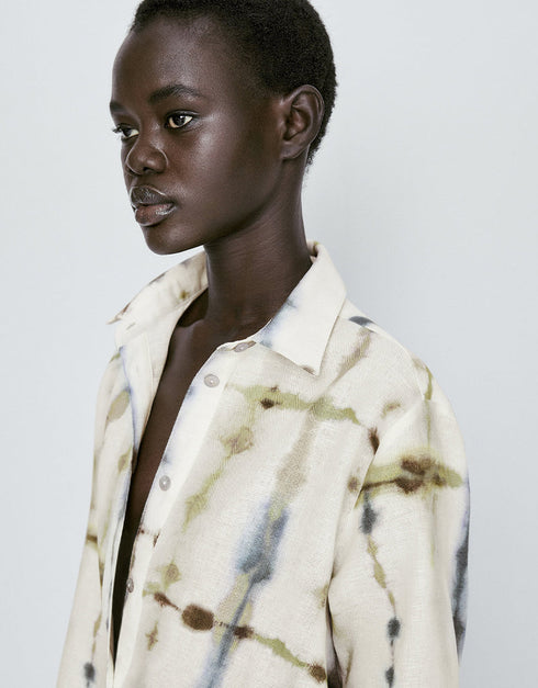 Trendy Designer Party Wear Elegant Calf Length Shirt Dress Cream Linen Blend Dress Side View