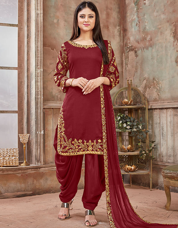 Maroon Art Silk Patiyala Suit
