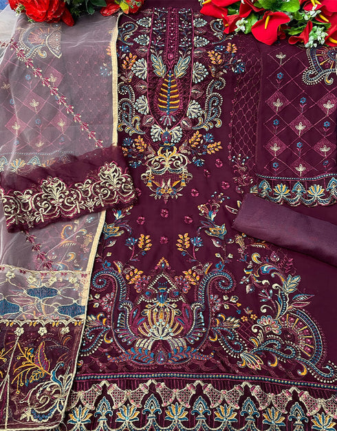 Purple Pant style Suit Georgette Salwar Kameez in Sequins Embroidery & Lace Work Closure View Embroidery