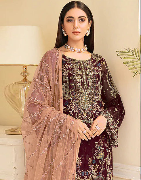 Purple Pant style Suit Georgette Salwar Kameez in Sequins Embroidery & Lace Work Closure View