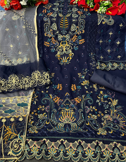 Blue Pant style Suit Georgette Salwar Kameez in Sequins Embroidery & Lace Work Closure View Embroidery
