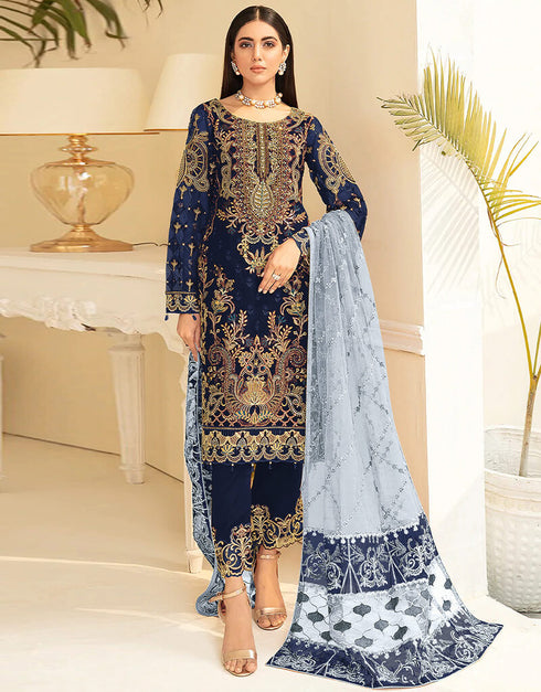 Blue Pant style Suit Georgette Salwar Kameez in Sequins Embroidery & Lace Work