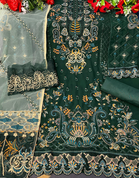 Green Pant style Suit Georgette Salwar Kameez in Sequins Embroidery & Lace Work Closure View Embroidery