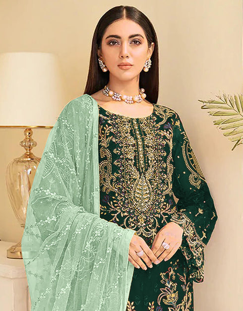 Green Pant style Suit Georgette Salwar Kameez in Sequins Embroidery & Lace Work Closure View