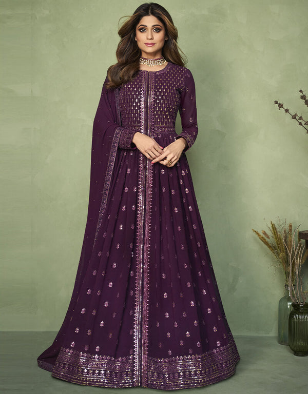 Purple Anarkali style Anarkali Faux Georgette Salwar Kameez in Heavy Sequins Embroidery & Lace Work