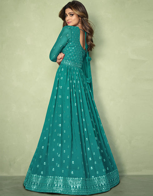 Light Green Anarkali style Anarkali Faux Georgette Salwar Kameez in Heavy Sequins Embroidery & Lace Work Closure View
