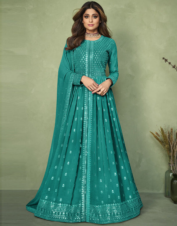 Light Green Anarkali style Anarkali Faux Georgette Salwar Kameez in Heavy Sequins Embroidery & Lace Work