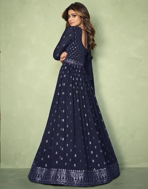 Blue Anarkali style Anarkali Faux Georgette Salwar Kameez in Heavy Sequins Embroidery & Lace Work Closure View