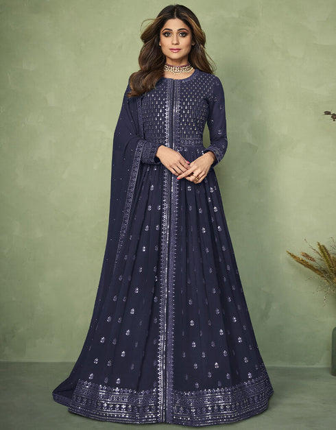 Blue Anarkali style Anarkali Faux Georgette Salwar Kameez in Heavy Sequins Embroidery & Lace Work