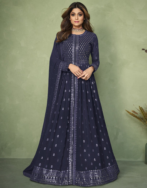 Blue Anarkali style Anarkali Faux Georgette Salwar Kameez in Heavy Sequins Embroidery & Lace Work