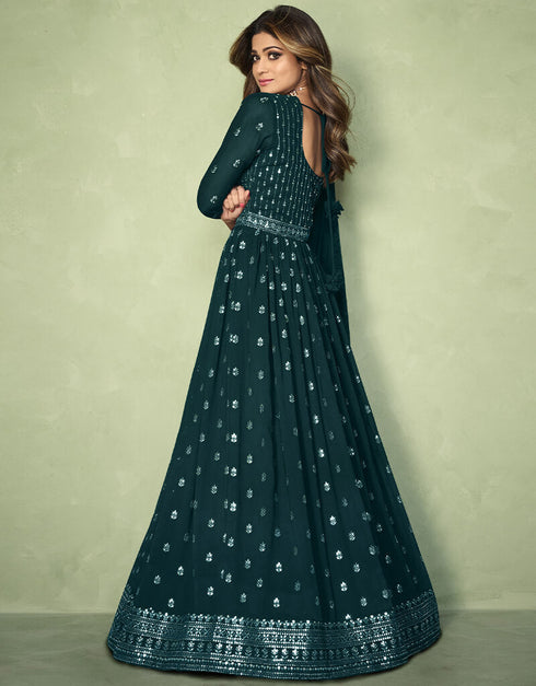 Dark Green Anarkali style Anarkali Faux Georgette Salwar Kameez in Heavy Sequins Embroidery & Lace Work Closure View