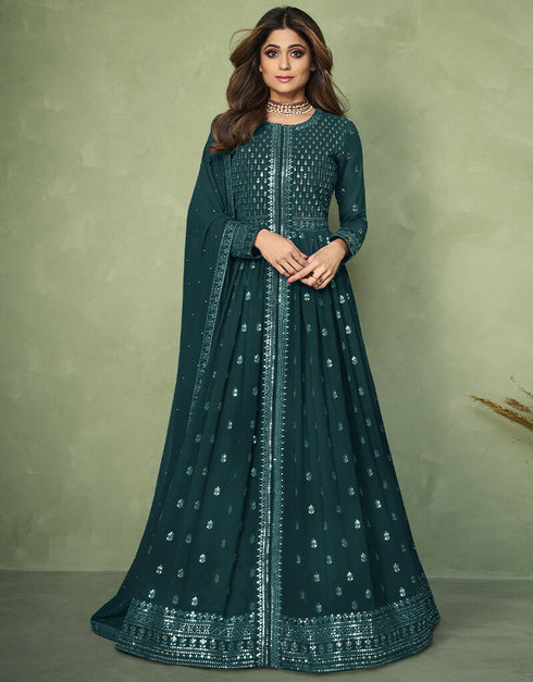 Dark Green Anarkali style Anarkali Faux Georgette Salwar Kameez in Heavy Sequins Embroidery & Lace Work