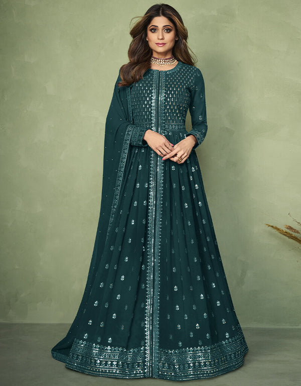 Dark Green Anarkali style Anarkali Faux Georgette Salwar Kameez in Heavy Sequins Embroidery & Lace Work
