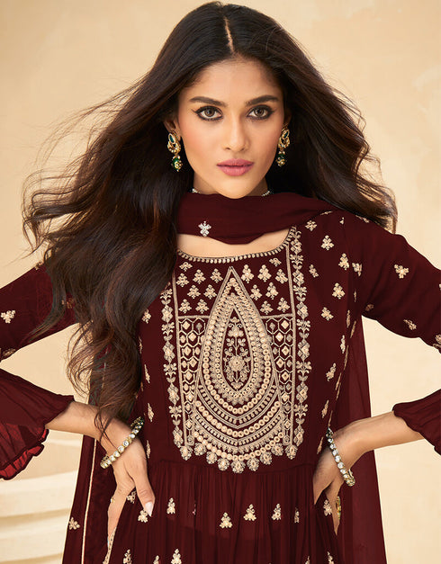 Wine Palazzo style Suit Faux Georgette Salwar Kameez in Heavy Sequins Embroidery & Lace Work Closure View