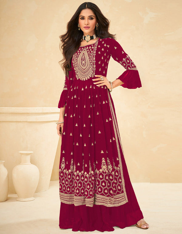 Red Palazzo style Suit Faux Georgette Salwar Kameez in Heavy Sequins Embroidery & Lace Work