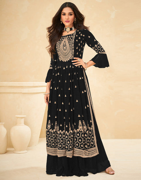Black Palazzo style Suit Faux Georgette Salwar Kameez in Heavy Sequins Embroidery & Lace Work