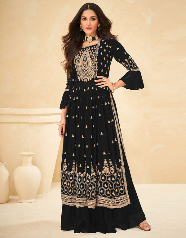 Black Palazzo style Suit Faux Georgette Salwar Kameez in Heavy Sequins Embroidery & Lace Work