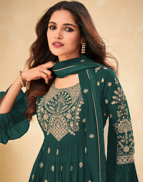 Green Palazzo style Suit Faux Georgette Salwar Kameez in Heavy Sequins Embroidery & Lace Work Closure View