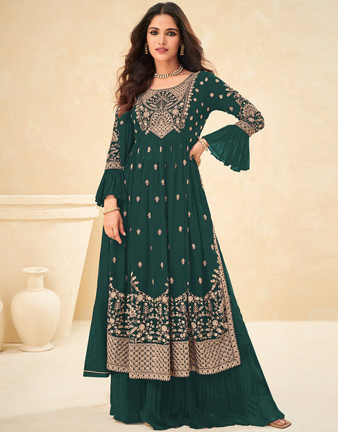 Green Palazzo style Suit Faux Georgette Salwar Kameez in Heavy Sequins Embroidery & Lace Work