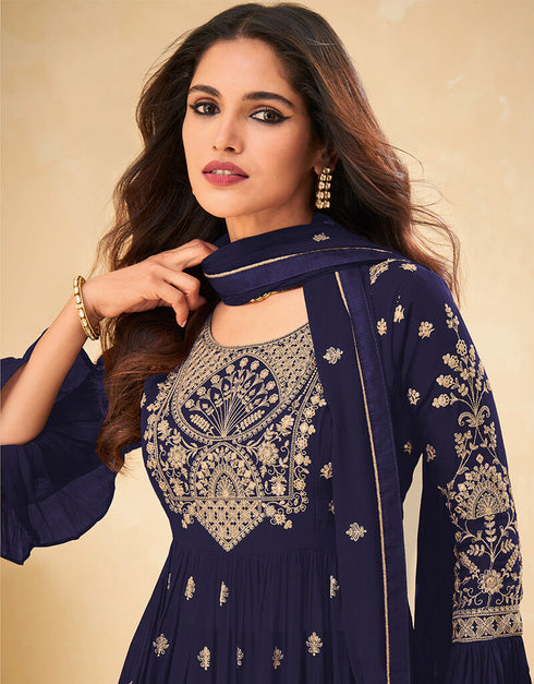 Blue Palazzo style Suit Faux Georgette Salwar Kameez in Heavy Sequins Embroidery & Lace Work Closure View