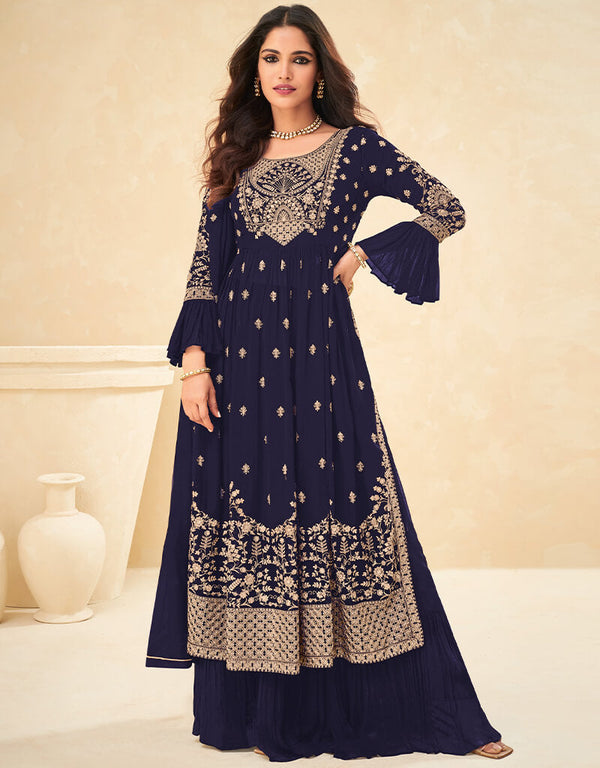 Blue Palazzo style Suit Faux Georgette Salwar Kameez in Heavy Sequins Embroidery & Lace Work