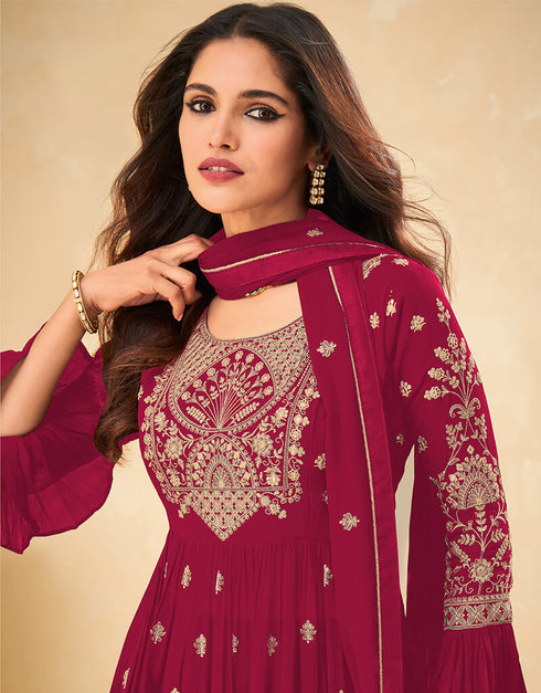 Red Palazzo style Suit Faux Georgette Salwar Kameez in Heavy Sequins Embroidery & Lace Work Closure View