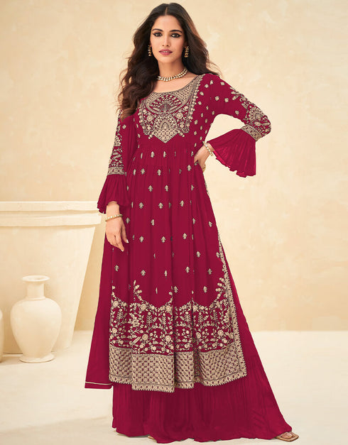 Red Palazzo style Suit Faux Georgette Salwar Kameez in Heavy Sequins Embroidery & Lace Work