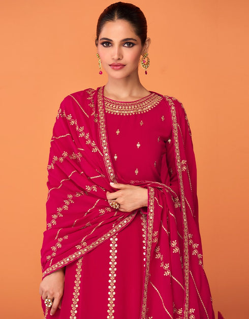 Rani Pink Anarkali style Anarkali Semi-Stitched Suits Salwar Kameez in Embroidery, Sequins & Lace Work Closure View Embroidery