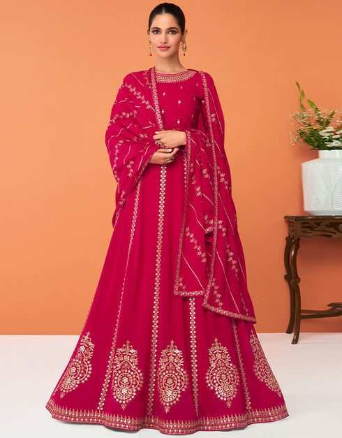 Rani Pink Anarkali style Anarkali Semi-Stitched Suits Salwar Kameez in Embroidery, Sequins & Lace Work