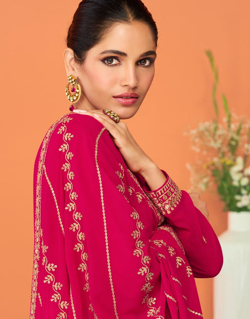 Rani Pink Anarkali style Anarkali Semi-Stitched Suits Salwar Kameez in Embroidery, Sequins & Lace Work Closure View Embroidery Back side View