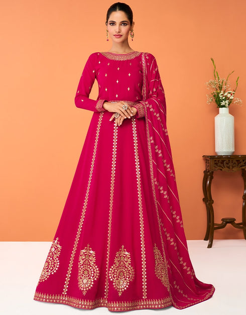 Rani Pink Anarkali style Anarkali Semi-Stitched Suits Salwar Kameez in Embroidery, Sequins & Lace Work Closure View