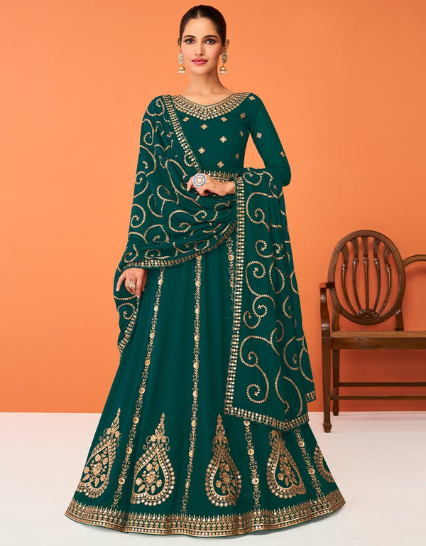 Dark Green Anarkali style Anarkali Semi-Stitched Suits Salwar Kameez in Embroidery, Sequins & Lace Work