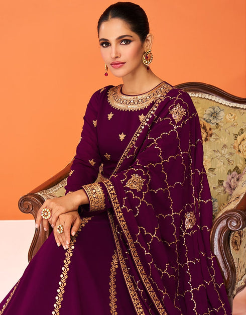 Dark Purple Anarkali style Anarkali Semi-Stitched Suits Salwar Kameez in Embroidery, Sequins & Lace Work Closure View
