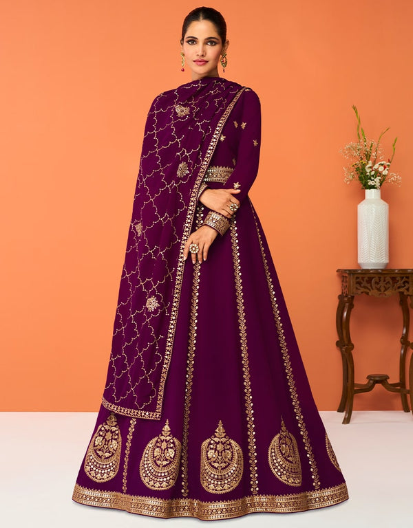 Dark Purple Anarkali style Anarkali Semi-Stitched Suits Salwar Kameez in Embroidery, Sequins & Lace Work
