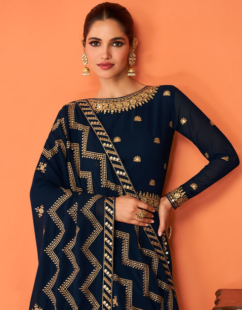 Black Anarkali style Anarkali Semi-Stitched Suits Salwar Kameez in Embroidery, Sequins & Lace Work Closure View