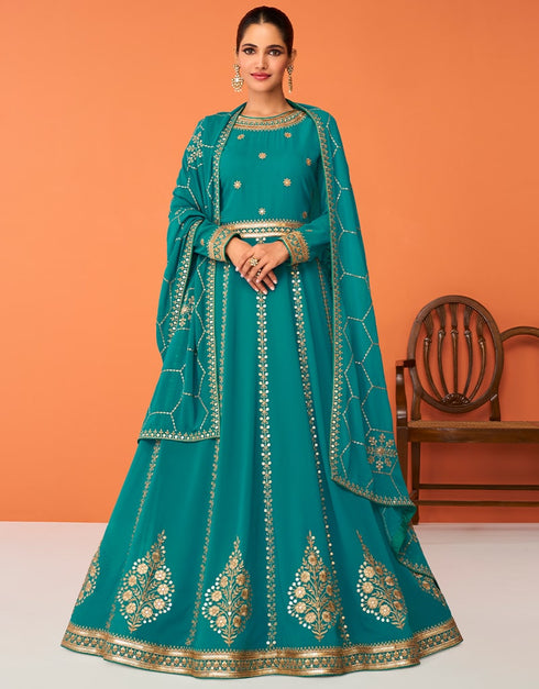 Turquoise Anarkali style Anarkali Semi-Stitched Suits Salwar Kameez in Embroidery, Sequins & Lace Work