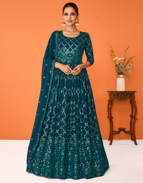 Teal Anarkali style Anarkali Semi-Stitched Suits Salwar Kameez in Embroidery, Sequins & Lace Work