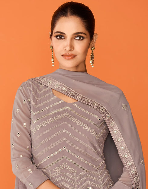 Mauve Anarkali style Anarkali Semi-Stitched Suits Salwar Kameez in Embroidery, Sequins & Lace Work Closure View